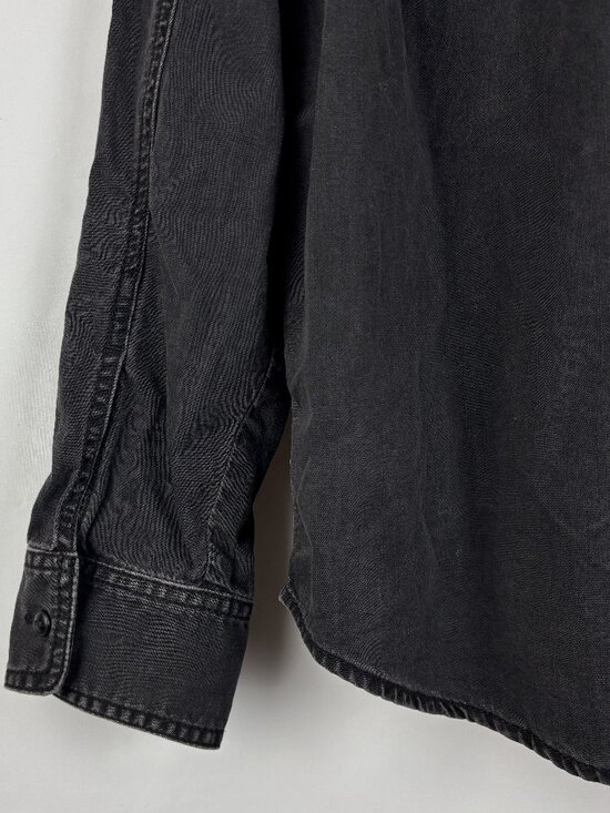 Medium Dark Gray Denim Shirt Button Up Cuff Collared Western Cowgirl Distressed - Picture 9 of 12